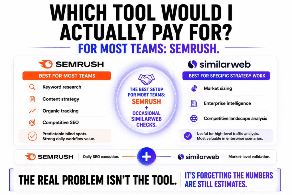 Semrush vs SimilarWeb decision framework showing Semrush as the preferred tool for most SEO and content teams, while SimilarWeb is positioned for enterprise market intelligence and high-level competitive analysis.