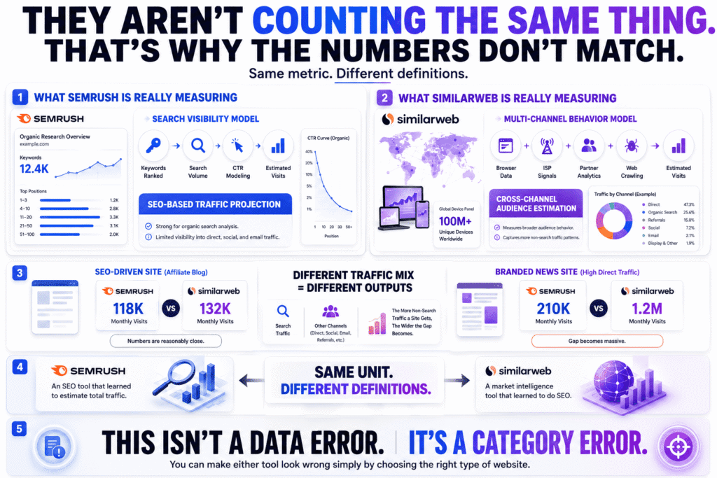 Editorial infographic for “Semrush vs SimilarWeb” explaining how each platform measures website traffic differently, comparing Semrush’s SEO-based traffic projections with SimilarWeb’s multi-channel audience estimation model using cinematic dashboards, analytics flows, and traffic comparison visuals.