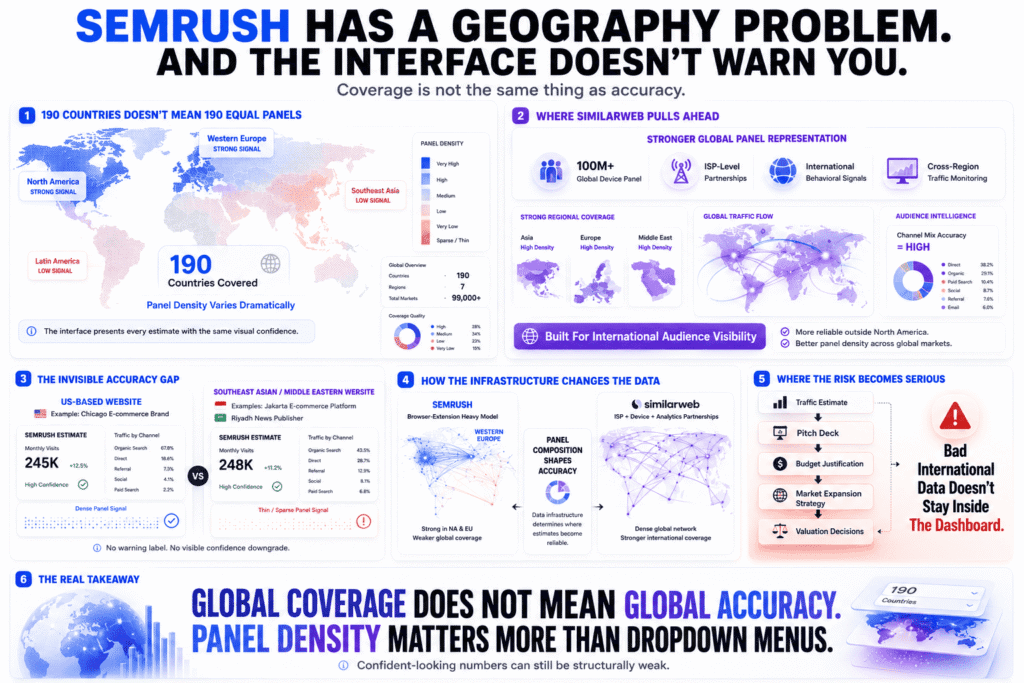 Semrush vs SimilarWeb: an infographic explaining Semrush’s international traffic estimation limitations, comparing global panel density, regional data coverage, and SimilarWeb’s stronger international audience visibility using world maps, analytics dashboards, and geographic traffic intelligence visuals.