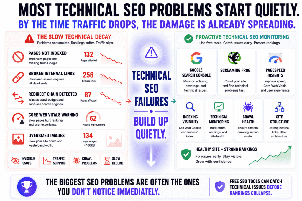 Technical SEO infographic showing how hidden website issues like broken internal links, indexing failures, redirect chains, oversized images, and Core Web Vitals problems slowly damage rankings over time. The visual contrasts silent technical decay with proactive monitoring using free SEO tools like Google Search Console, Screaming Frog, and PageSpeed Insights to maintain crawl health, indexing visibility, and stable organic traffic.