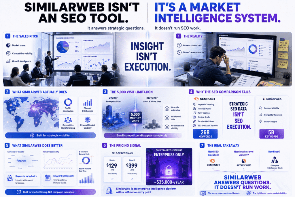 Semrush vs Similarweb infographic explaining why SimilarWeb is a market intelligence platform rather than an SEO execution tool, featuring enterprise analytics dashboards, strategic visibility workflows, traffic distribution systems, SEO capability comparisons, pricing structures, and market-level decision frameworks.