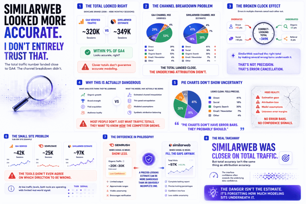 Semrush vs SimilarWeb traffic accuracy comparison showing SimilarWeb matching GA4 total traffic more closely while misattributing direct, social, and organic traffic channels, with enterprise analytics dashboards, pie charts, and channel variance analysis across different website traffic tiers.