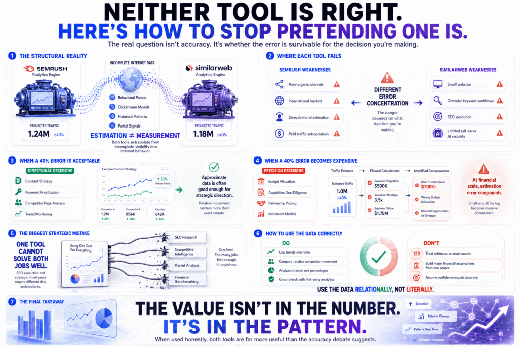 Semrush vs SimilarWeb: An infographic explaining why neither traffic estimation tool is perfectly accurate, comparing their structural weaknesses, acceptable versus high-risk use cases, and best practices for interpreting traffic data through premium analytics dashboards, workflow diagrams, and strategic decision-making visuals.