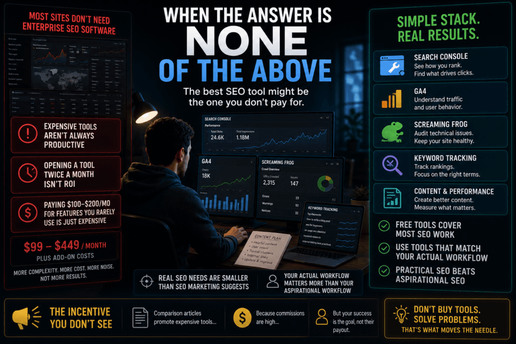 Editorial infographic for Ahrefs vs Semrush vs Moz showing how many solo creators and small site owners can rely on free SEO tools like Search Console, GA4, and Screaming Frog instead of expensive enterprise SEO platforms.