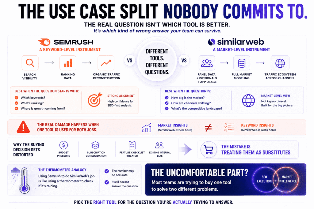 Semrush vs SimilarWeb use-case comparison showing Semrush as a keyword-level SEO platform and SimilarWeb as a market-level intelligence tool, with simplified decision frameworks, analytics flows, and strategic procurement insights.