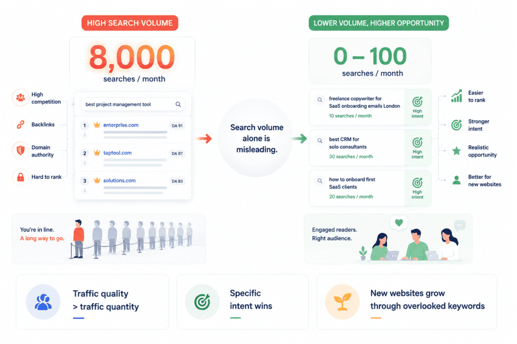  illustration about keyword research for new websites comparing high search volume keywords with lower-volume long-tail keywords. The visual shows crowded high-competition search results on one side and lower-volume, high-intent keyword opportunities on the other, explaining why specific low-competition keywords are easier for new websites to rank for.