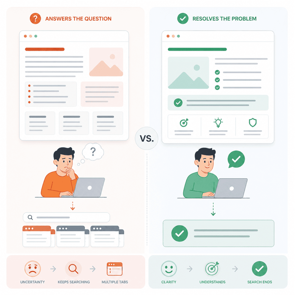 On-Page SEO comparison showing the difference between content that answers a question and content that fully resolves the user’s need