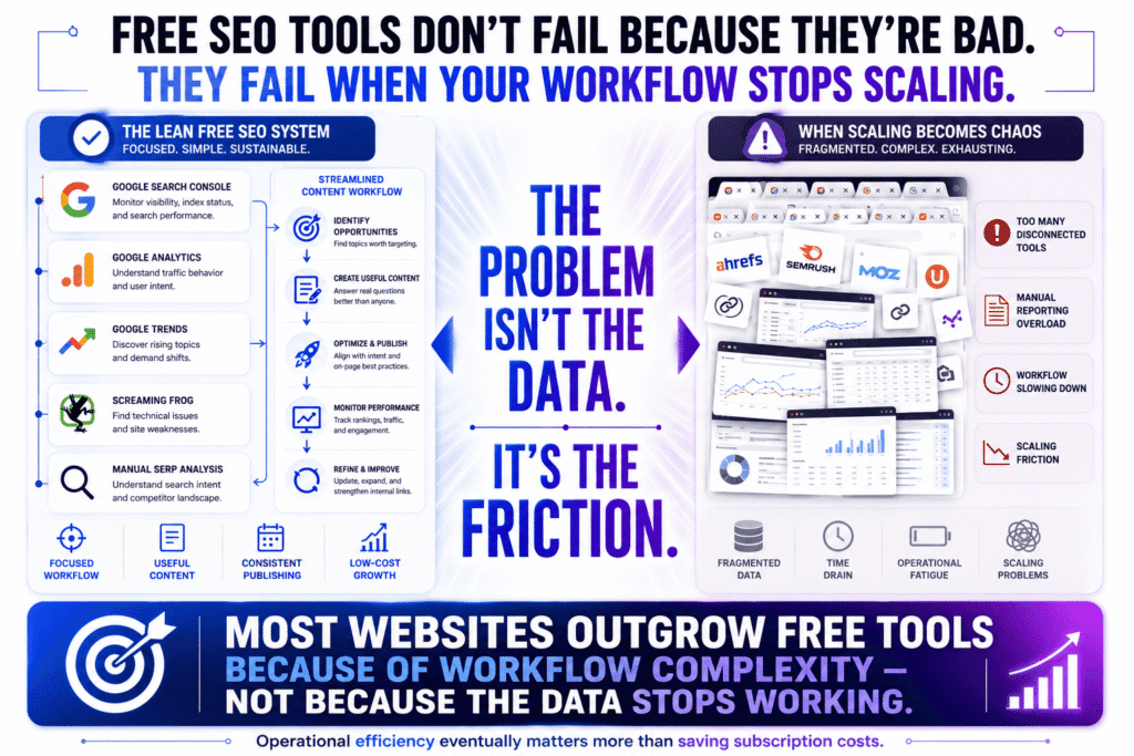 Free SEO tools infographic comparing a lightweight SEO workflow built with Google Search Console, Google Analytics, Google Trends, Screaming Frog, and manual SERP analysis against a fragmented scaling workflow overloaded with disconnected tools, browser tabs, and reporting chaos that slows SEO execution.