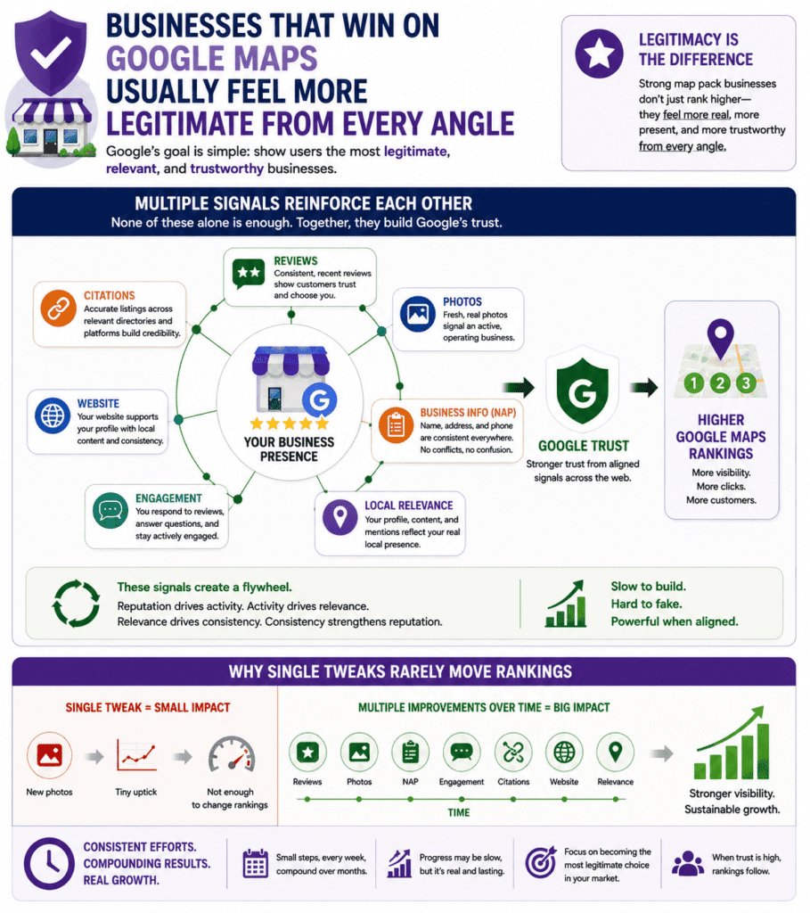 Visual illustration explaining why your business is not ranking on Google Maps without strong legitimacy signals, showing how reviews, photos, citations, engagement, accurate business information, local relevance, and website consistency work together over time to build Google trust and improve local rankings.
