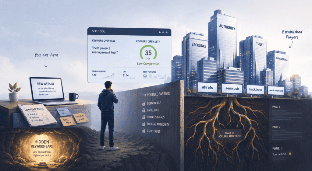 illustration about keyword research for new websites, showing a new website owner facing a massive SEO competition wall between a small new website workspace and towering authority websites labeled with backlinks, trust, and domain age. A keyword research tool displays “low competition” while hidden barriers and underground authority roots reveal why ranking is harder for new websites.