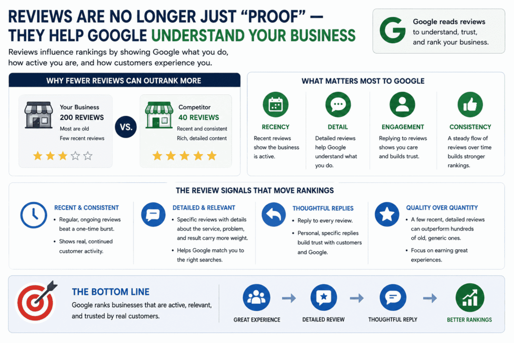 Visual illustration showing why your business is not ranking on Google Maps despite having many reviews, explaining how recent, detailed, and consistently earned reviews with thoughtful replies outperform large numbers of old or generic reviews in local search rankings.