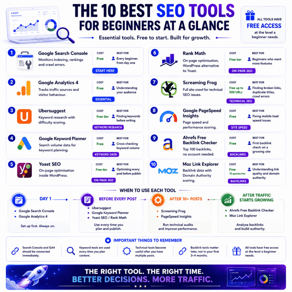 Best SEO tools for beginners: infographic comparing 10 free SEO tools, including Google Search Console, Google Analytics 4, Ubersuggest, Yoast SEO, Rank Math, Screaming Frog, Google PageSpeed Insights, Ahrefs Free Backlink Checker, and Moz Link Explorer, with guidance on when to use each tool.
