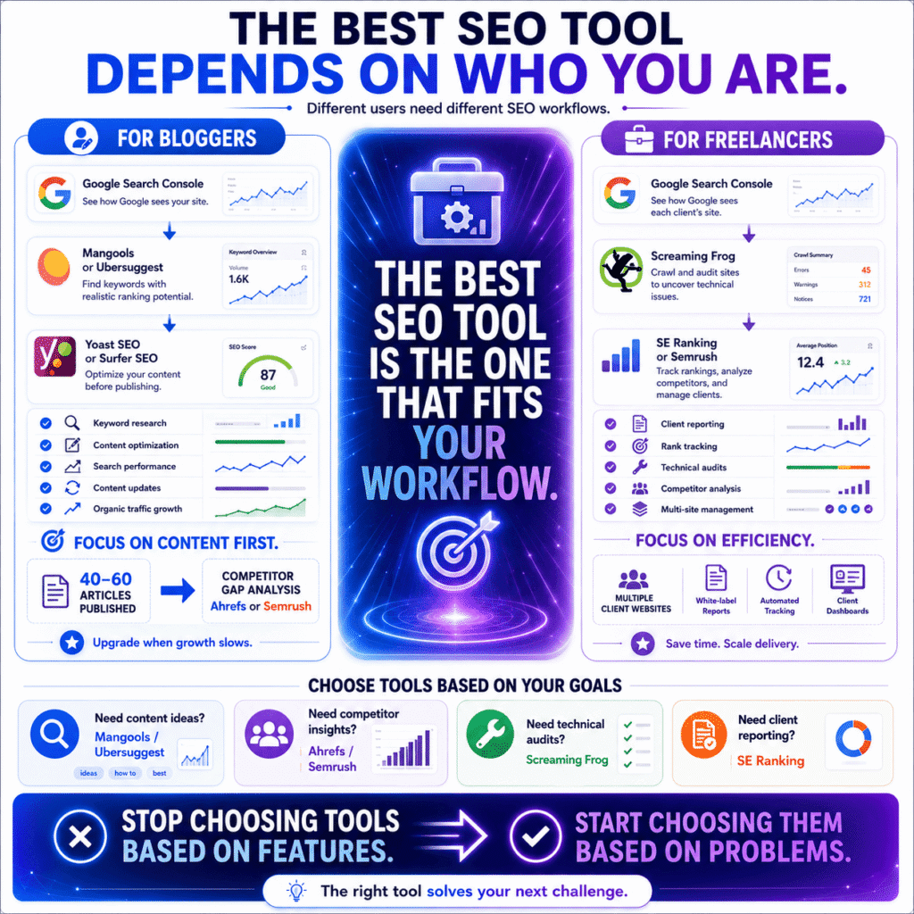Best SEO tools infographic comparing recommended SEO workflows for bloggers and freelancers, showing how tools like Google Search Console, Mangools, Ubersuggest, Yoast SEO, Surfer SEO, Screaming Frog, SE Ranking, and Semrush help users achieve different SEO goals.