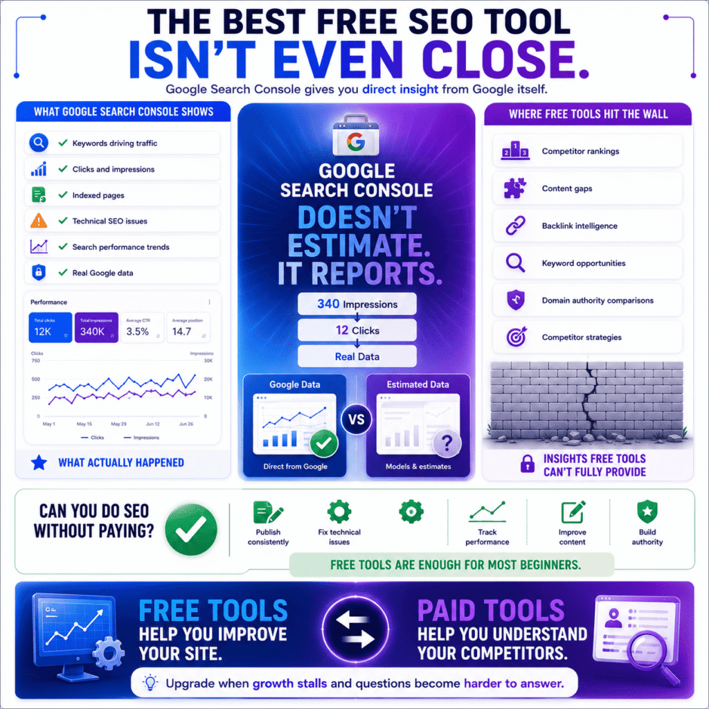 Best SEO tools infographic showing why Google Search Console is the best free SEO tool, highlighting keyword data, clicks, impressions, indexed pages, technical SEO insights, and the limitations of free tools for competitor research.