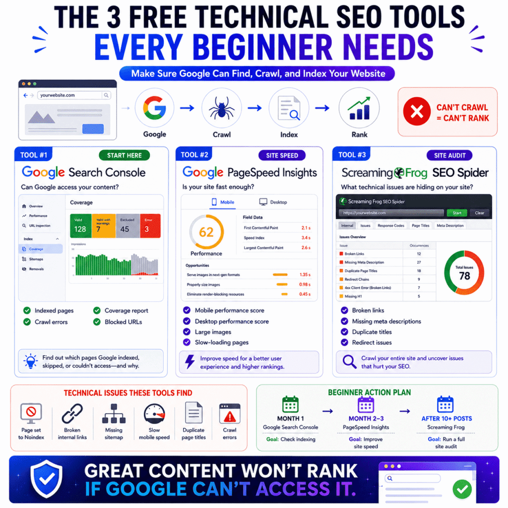 Best SEO tools for beginners : infographic featuring Google Search Console, Google PageSpeed Insights, and Screaming Frog, showing how to identify indexing issues, improve site speed, and uncover technical SEO problems.