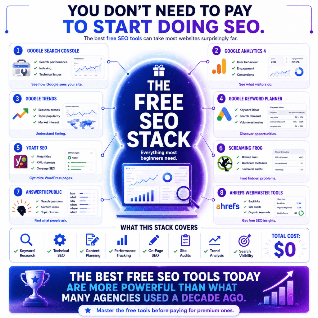 Best SEO tools infographic showing a complete free SEO stack with Google Search Console, Google Analytics 4, Google Trends, Google Keyword Planner, Yoast SEO, Screaming Frog, AnswerThePublic, and Ahrefs Webmaster Tools for keyword research, technical SEO, content planning, and performance tracking.