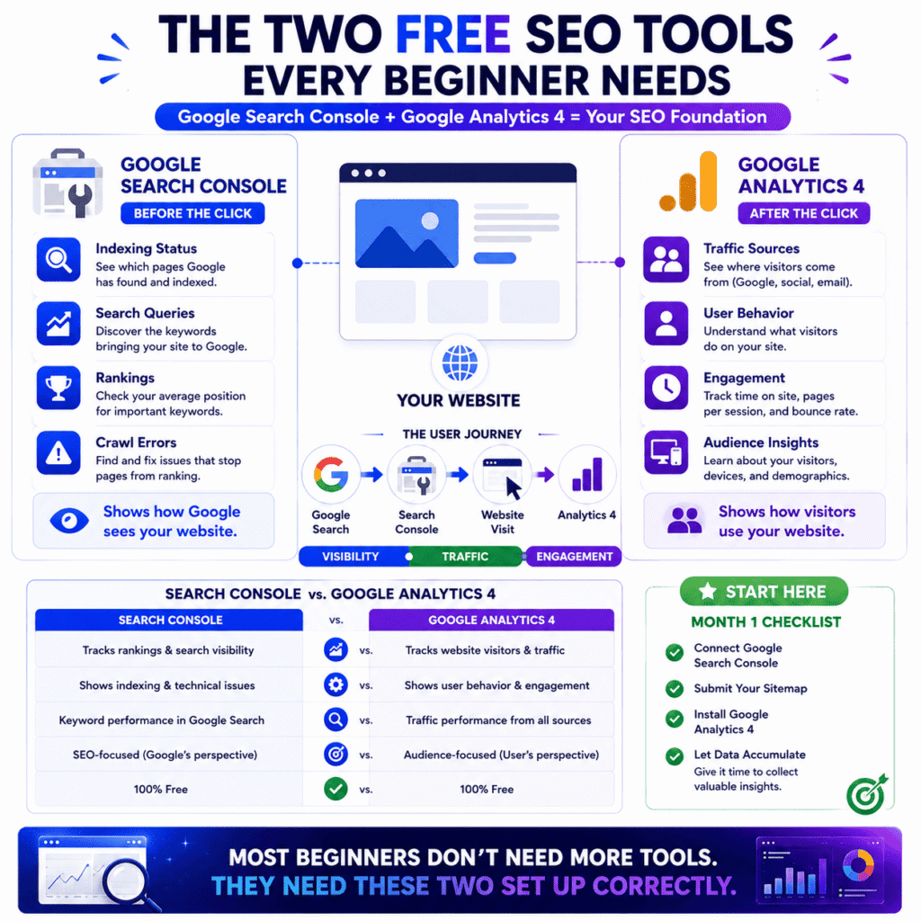 Best SEO tools for beginners: infographic comparing Google Search Console and Google Analytics 4, showing how Search Console tracks indexing, rankings, search queries, and crawl errors, while GA4 measures traffic sources, user behavior, engagement, and audience insights.