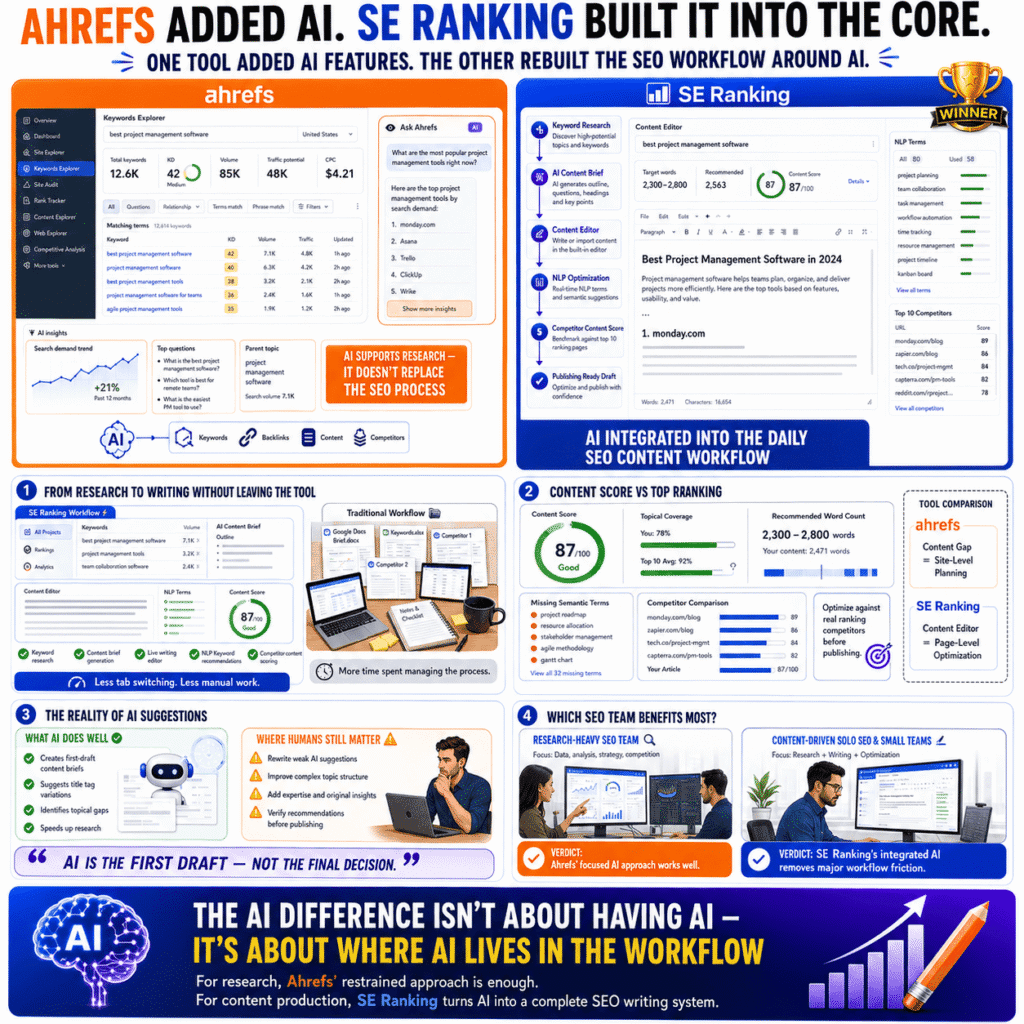 SE Ranking vs Ahrefs: AI SEO workflow infographic comparing Ahrefs’ research-focused AI features with SE Ranking’s integrated AI content editor, content optimization, NLP recommendations, and end-to-end SEO writing workflow.