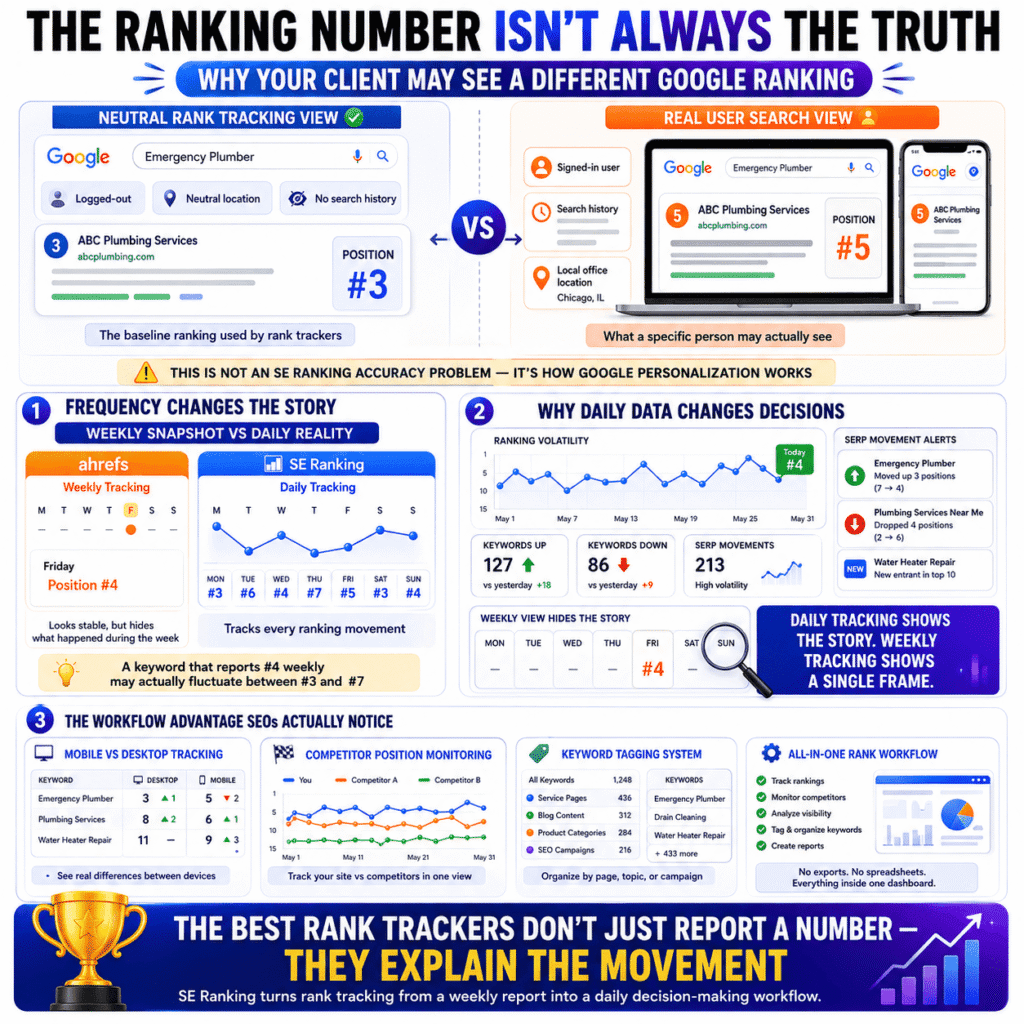 SE Ranking vs Ahrefs: Infographic explaining rank tracking accuracy, Google search personalization, daily vs weekly ranking updates, and SE Ranking’s workflow advantages for monitoring SEO performance.