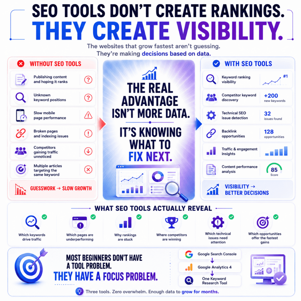 Best SEO tools infographic showing how SEO software improves website visibility by revealing keyword rankings, competitor insights, technical SEO issues, backlink opportunities, and content performance data for better search engine optimization decisions.