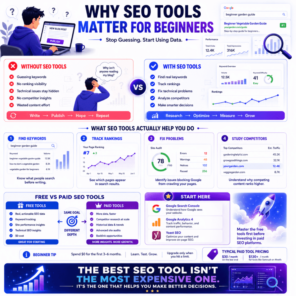 Best SEO tools for beginners: infographic explaining why SEO tools matter, featuring keyword research, rank tracking, technical SEO audits, competitor analysis, and a comparison of free versus paid SEO tools.