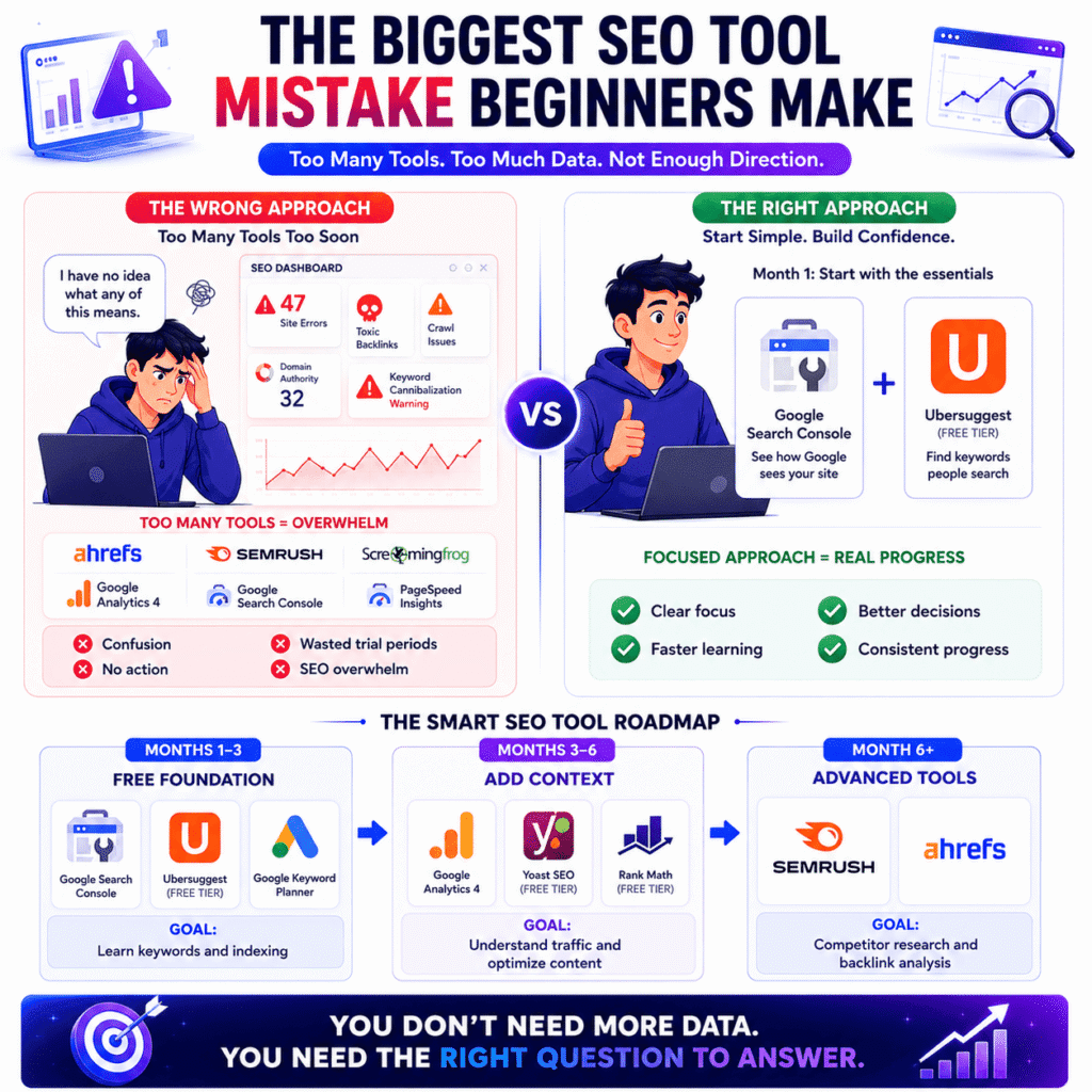 Best SEO tools for beginners: infographic showing the biggest SEO tool mistake beginners make by comparing an overwhelming multi-tool setup with a simple, focused approach using Google Search Console and keyword research tools, plus a roadmap for when to add more advanced SEO platforms.