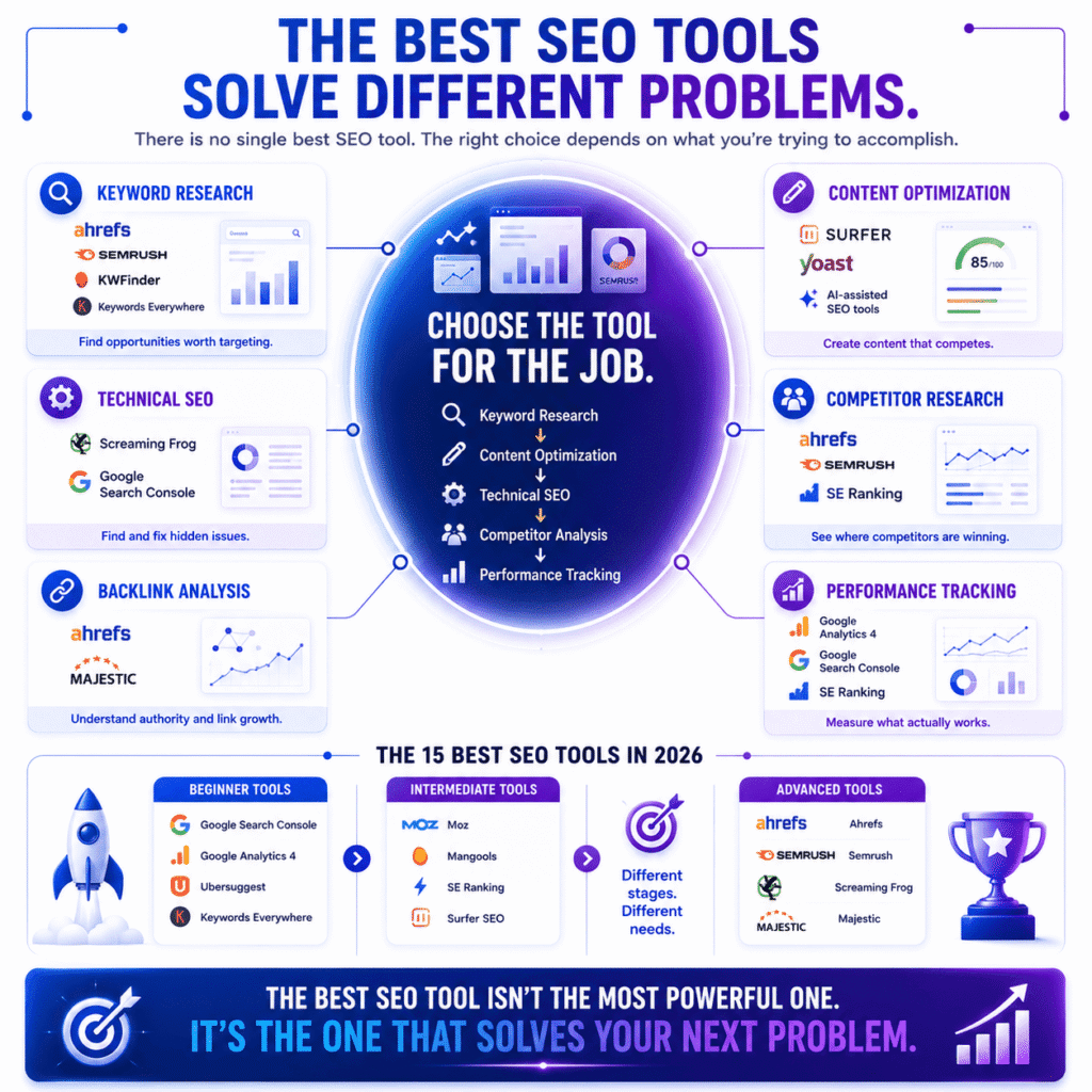 Best SEO tools infographic showing how different SEO platforms help with keyword research, content optimization, technical SEO, competitor analysis, backlink analysis, and performance tracking, helping users choose the right SEO tool for their needs.