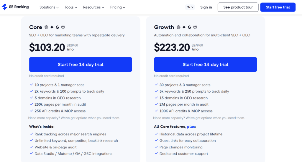 SE Ranking vs Ahrefs: SE Ranking pricing plans
