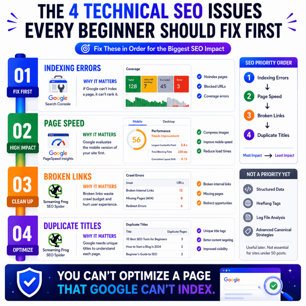 Best SEO tools for beginners infographic showing the four most important technical SEO issues to fix first: indexing errors, page speed, broken links, and duplicate page titles.