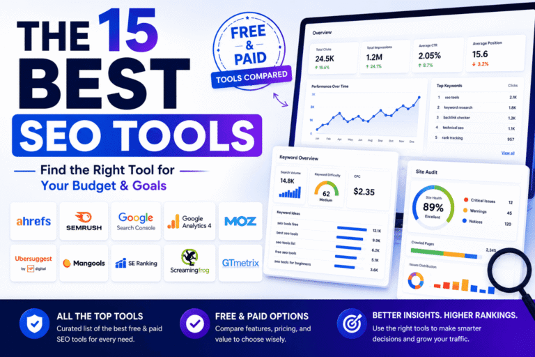 The 15 Best SEO Tools : Compare the top free and paid SEO platforms for keyword research, technical SEO, rank tracking, competitor analysis, and content optimization.