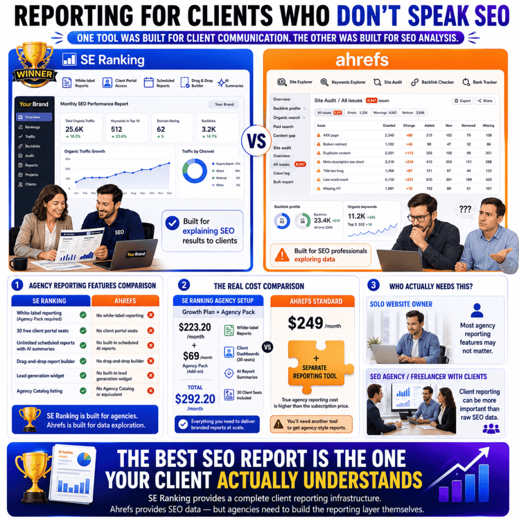 SE Ranking vs Ahrefs: Infographic comparing client reporting features, white-label reports, client portal access, agency tools, pricing, and why SE Ranking provides a more client-friendly SEO reporting workflow.