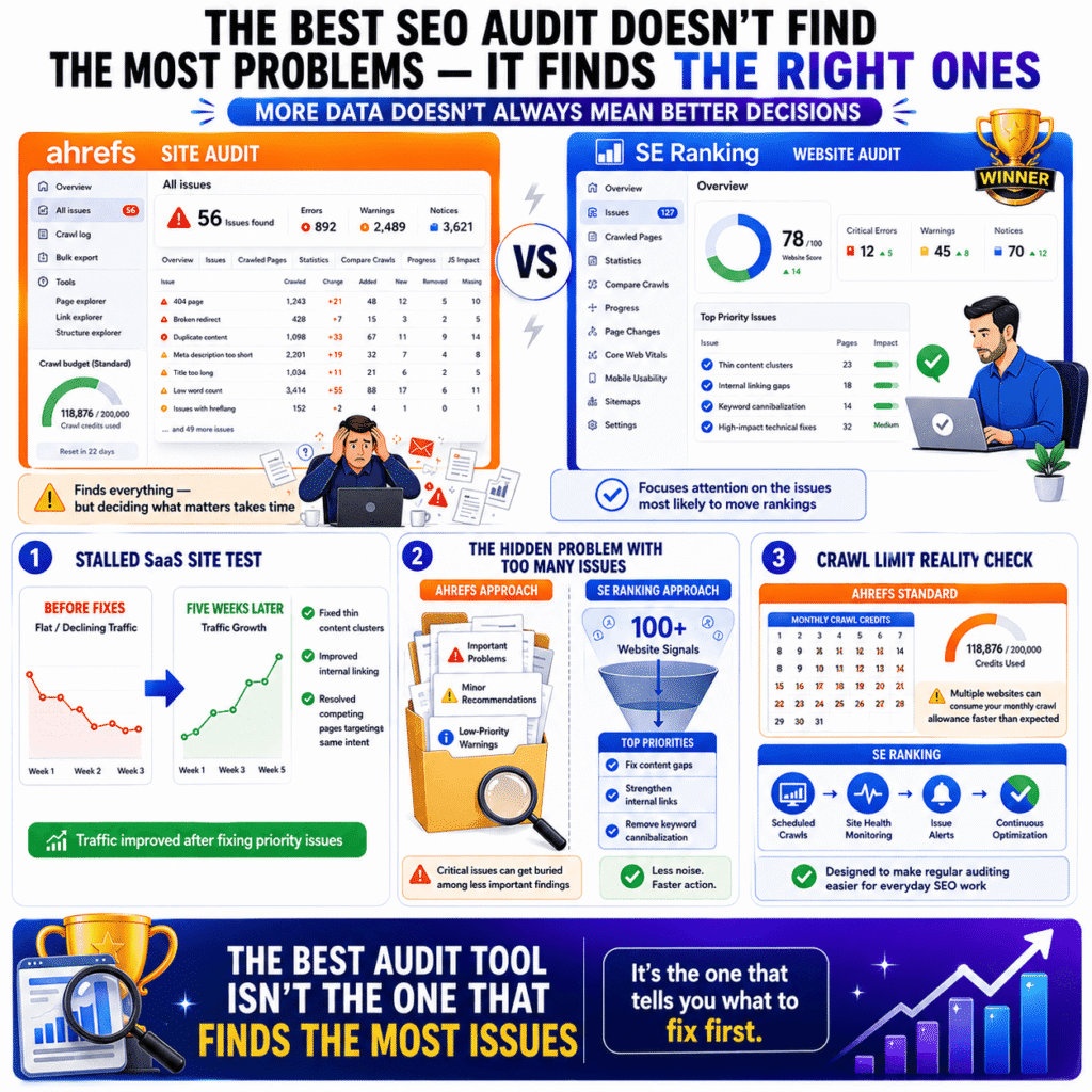 SE Ranking vs Ahrefs: Infographic comparing on-page SEO auditing approaches, showing Ahrefs’ extensive issue detection versus SE Ranking’s prioritized recommendations, crawl limits, and focus on fixing the highest-impact SEO problems first.