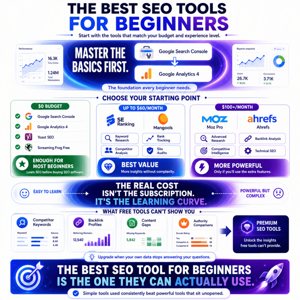 Best SEO tools for beginners infographic showing a step-by-step roadmap for choosing SEO software based on budget, featuring Google Search Console, Google Analytics 4, Yoast SEO, Screaming Frog, SE Ranking, Mangools, Moz Pro, and Ahrefs, plus guidance on when to move from free tools to premium platforms.