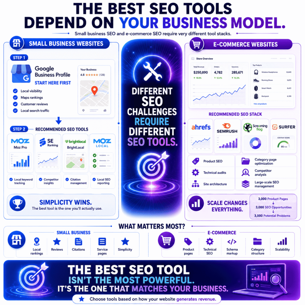 Best SEO tools infographic comparing recommended SEO tool stacks for small business websites and e-commerce stores, highlighting Google Business Profile, Moz Pro, SE Ranking, BrightLocal, Ahrefs, Semrush, Screaming Frog, and Surfer SEO.