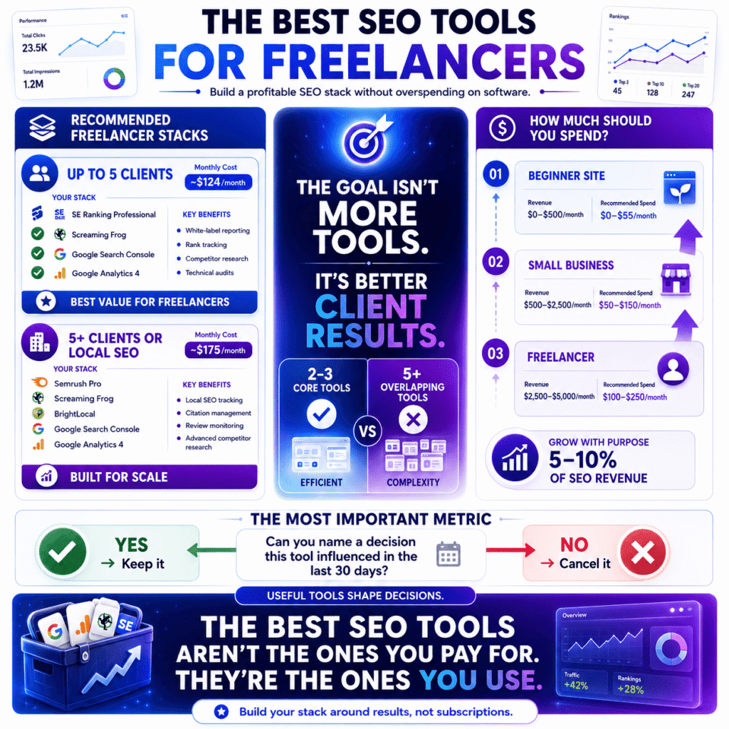 Best SEO tools for freelancers infographic showing recommended SEO tool stacks for different client loads, including SE Ranking, Semrush, Screaming Frog, BrightLocal, Google Search Console, and Google Analytics 4, plus guidance on SEO software budgeting and evaluating tool ROI.