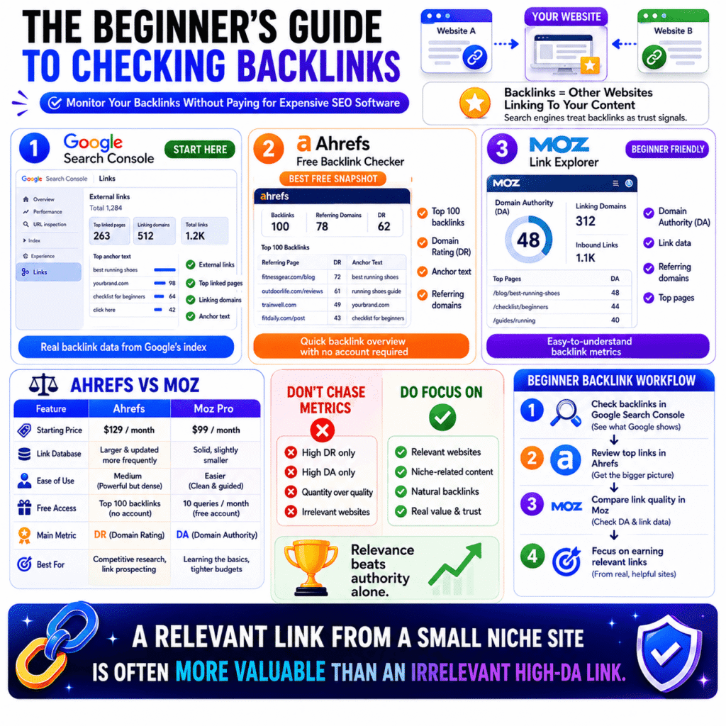 Best SEO tools for beginners infographic explaining how to check backlinks using Google Search Console, Ahrefs Free Backlink Checker, and Moz Link Explorer, with a comparison of DR and DA metrics, backlink quality tips, and a simple workflow for monitoring and evaluating inbound links.