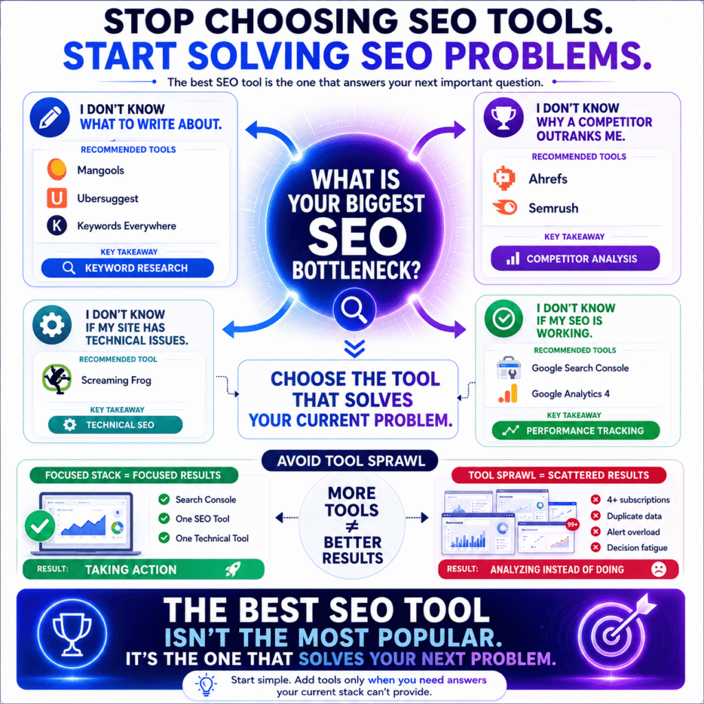 Best SEO tools infographic showing a decision-making framework for choosing SEO software based on specific SEO challenges, including keyword research, competitor analysis, technical SEO, performance tracking, and avoiding unnecessary tool subscriptions.