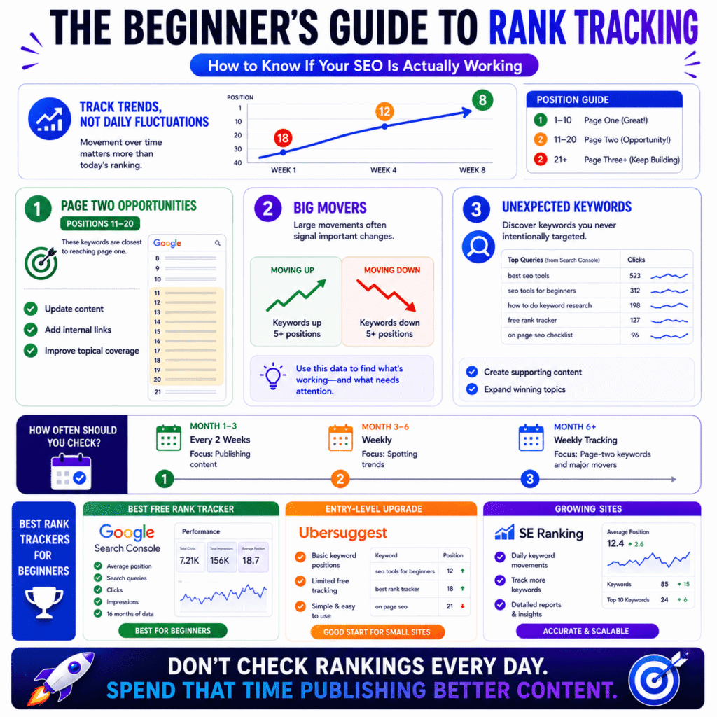 Best SEO tools for beginners infographic explaining rank tracking with Google Search Console, Ubersuggest, and SE Ranking, showing how to monitor keyword positions, identify page-two opportunities, track ranking changes, and measure SEO progress over time.