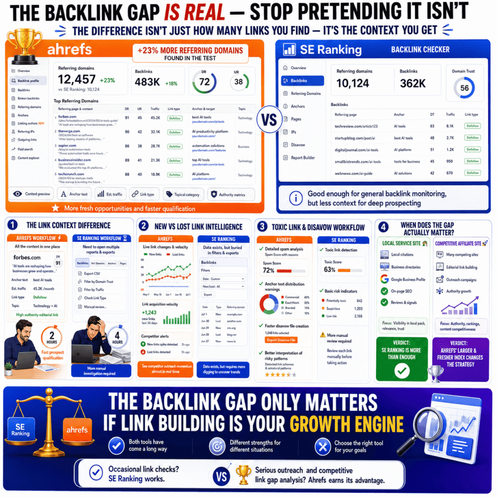 SE Ranking vs Ahrefs: Backlink comparison infographic showing differences in backlink database size, referring domains, link context, new and lost link tracking, toxic link analysis, and when Ahrefs' larger index provides a competitive advantage.