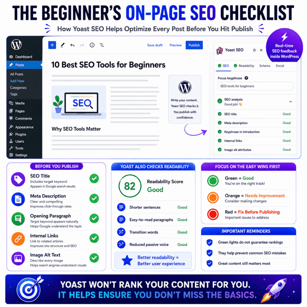Best SEO tools for beginners infographic showing a Yoast SEO checklist for optimizing blog posts, including SEO titles, meta descriptions, keyword placement, internal links, image alt text, and readability improvements.