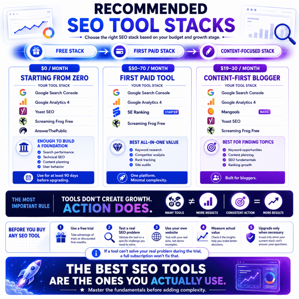 Best SEO tools infographic showing recommended SEO tool stacks by budget and growth stage, including free SEO tools, SE Ranking, Mangools, Google Search Console, Google Analytics 4, Yoast SEO, Screaming Frog, and AnswerThePublic, with guidance on choosing the right SEO software and when to upgrade.