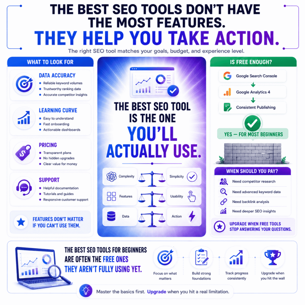 Best SEO tools infographic showing the key factors to consider when choosing SEO software, including data accuracy, learning curve, pricing, support quality, and when beginners should upgrade from free SEO tools to paid platforms for advanced insights.