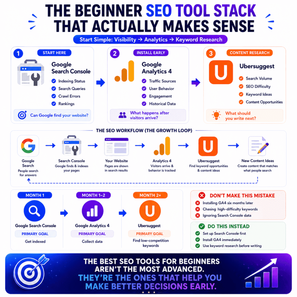 Best SEO tools for beginners: infographic showing a simple SEO tool stack featuring Google Search Console, Google Analytics 4, and Ubersuggest, along with a beginner SEO workflow for indexing, traffic analysis, and keyword research.