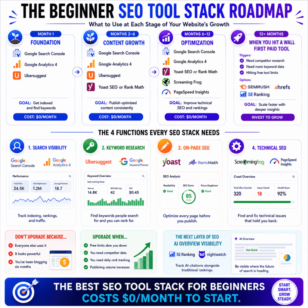 Best SEO tools for beginners roadmap infographic showing which SEO tools to use during different stages of website growth, from Google Search Console and Google Analytics 4 in month one to advanced tools like Semrush, Ahrefs, and SE Ranking as traffic grows.
