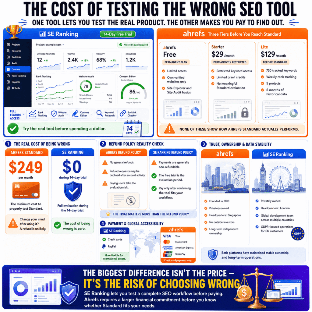 SE Ranking vs Ahrefs: SEO tool comparison infographic showing free trial options, pricing tiers, refund policies, company ownership, data stability, and payment flexibility to evaluate the real cost and risk of choosing each platform.